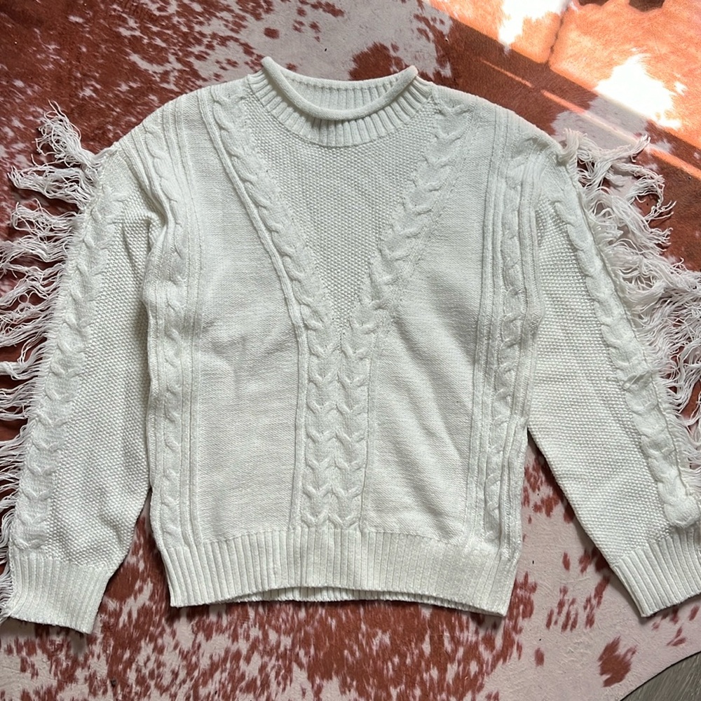 White Knit Fringe Sweater